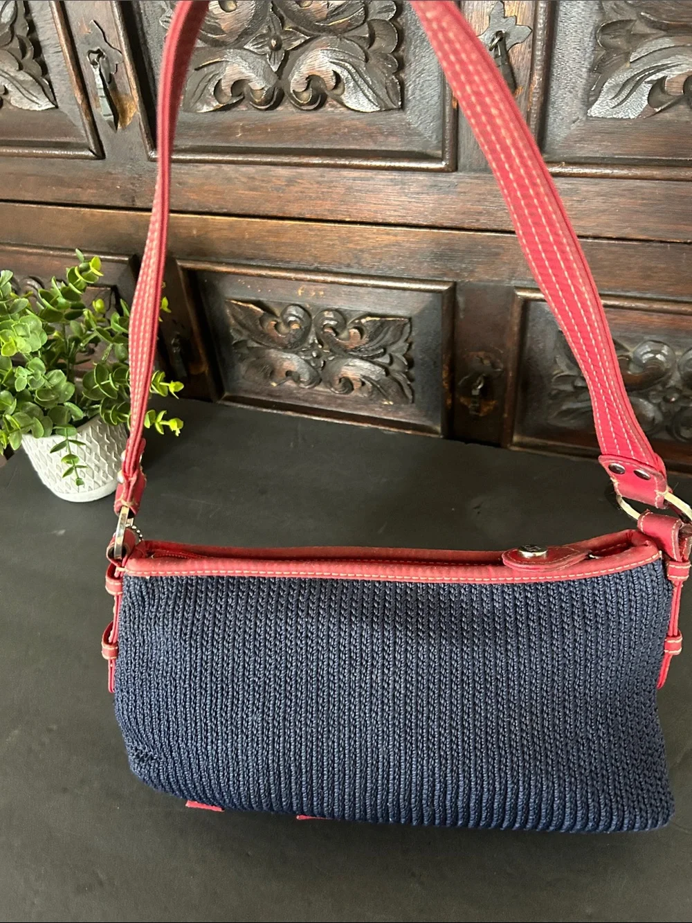 The Sak Navy Blue Crochet Woven Shoulder Bag with Red Trim